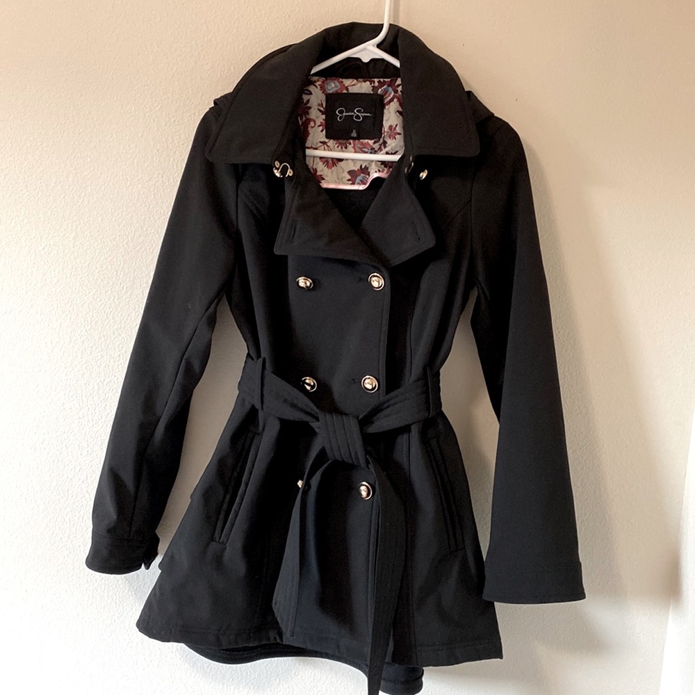 Black Belted Hooded Rain Coat Ruffle Back